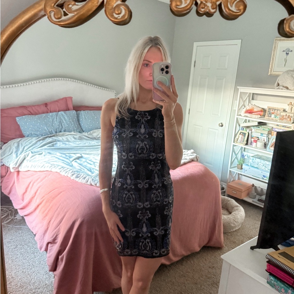 Elegant Black Beaded Jacquard Dress